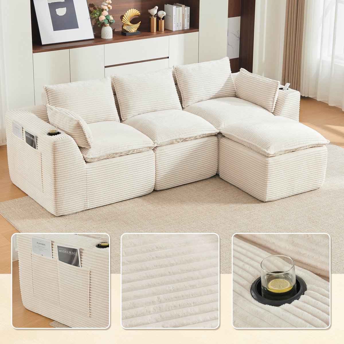 Corduroy 3-Zits Sofa + Voetenbank - Met Kussens en Zijntassen - Ideaal voor Woonkamer - 37x30x104 cm, Beige