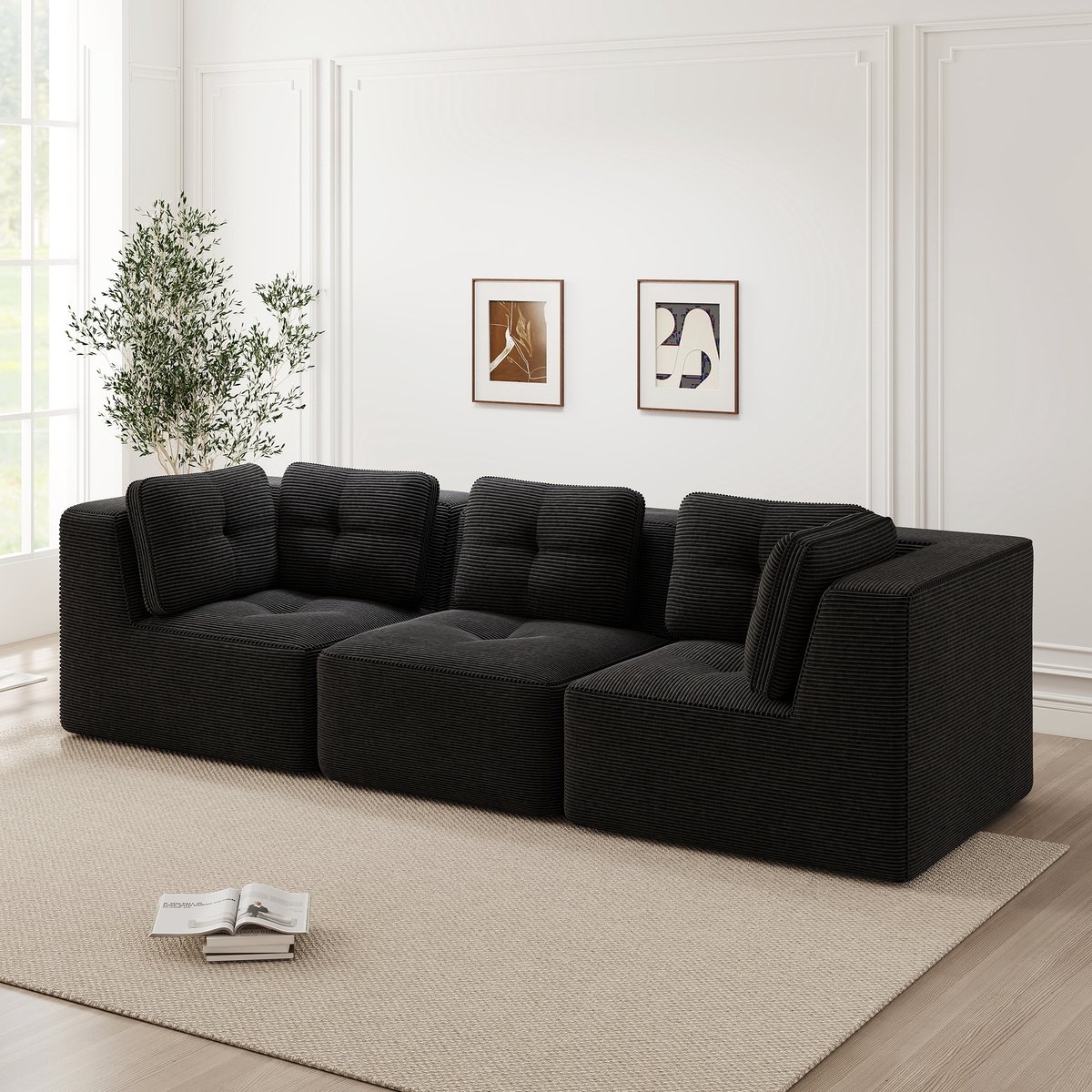 Modulaire Hoekbank - 3 Zits Ribstof Lounge Sofa Met Diepe Zit - Zachte Cloud Bank Zonder Montage - Comfortabele Hoekbank Met Anti Slip Basis - Ruime Bank Voor Woonkamer - Zwart