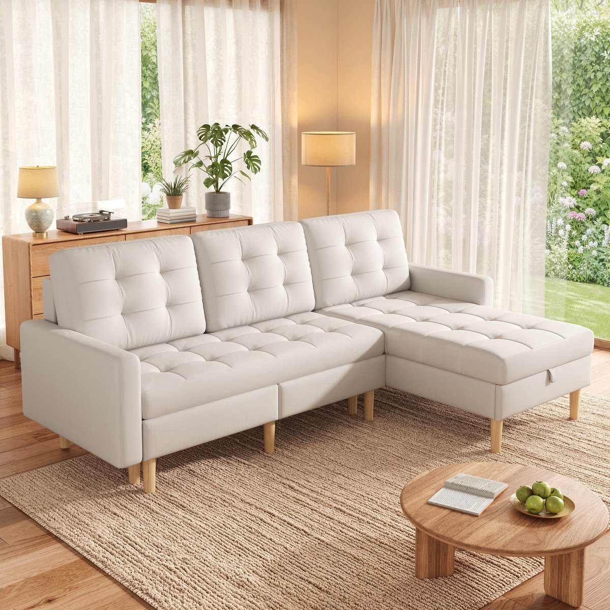 Hoekbank - L-Vormige 3-Zits Bank Met Opbergruimte En Verplaatsbare Chaise Longue - Ruimtebesparende Woonkamerbank Met Opslagfunctie - Stoffen Sofa Voor Appartement - Beige