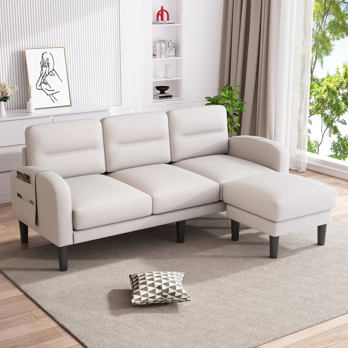Comfortabele hoekbank met Stoellongue - Comfort in de Woonkamer - 204x136x80 cm, Beige