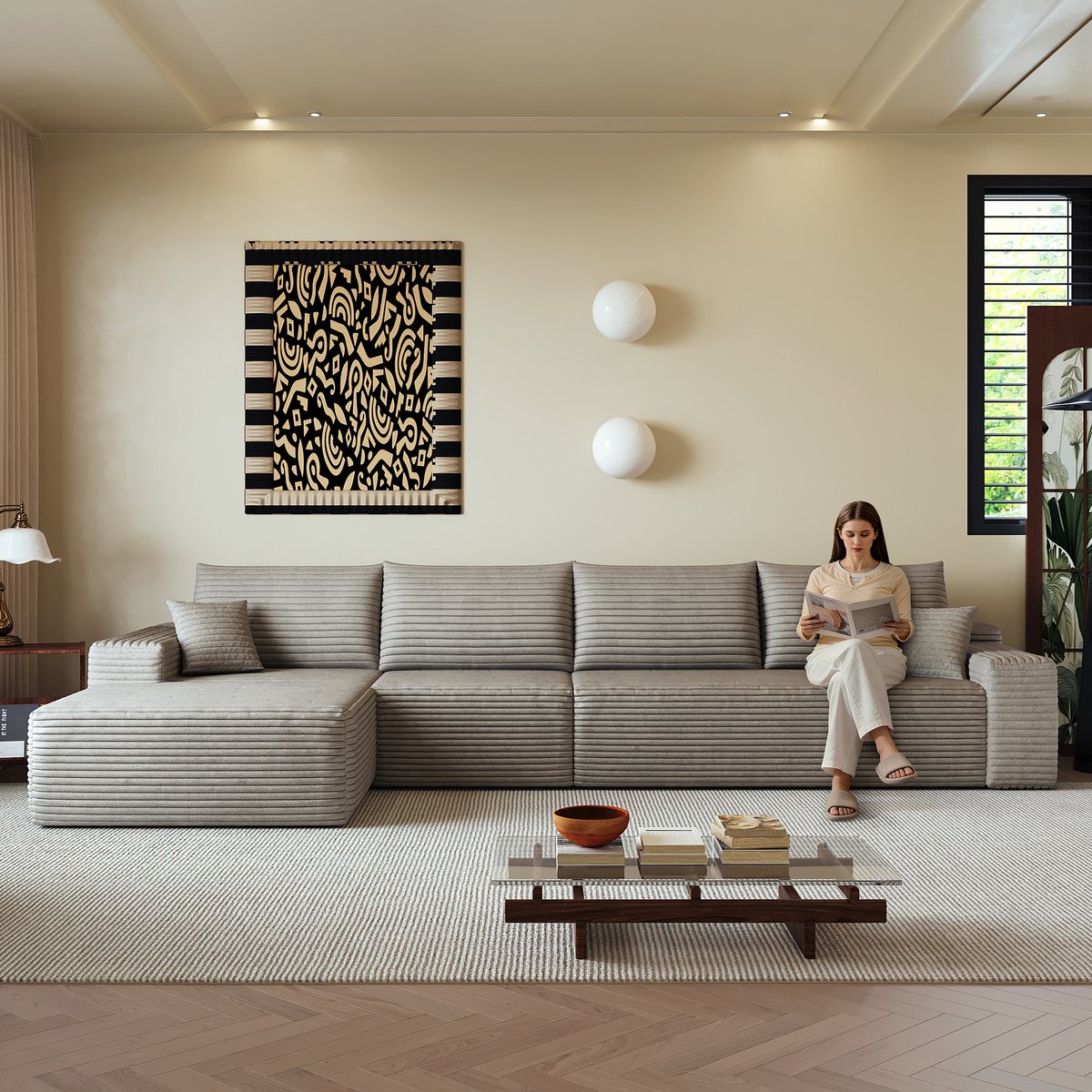 Modulaire Hoekbank - 4-Zits Cloud Sofa Met Loungebank - Ribstof Lounge Bank Met Diepe Zit - Frameloze Compressie Bank Zonder Montage - Grote Hoekbank Voor Woonkamer - Camel