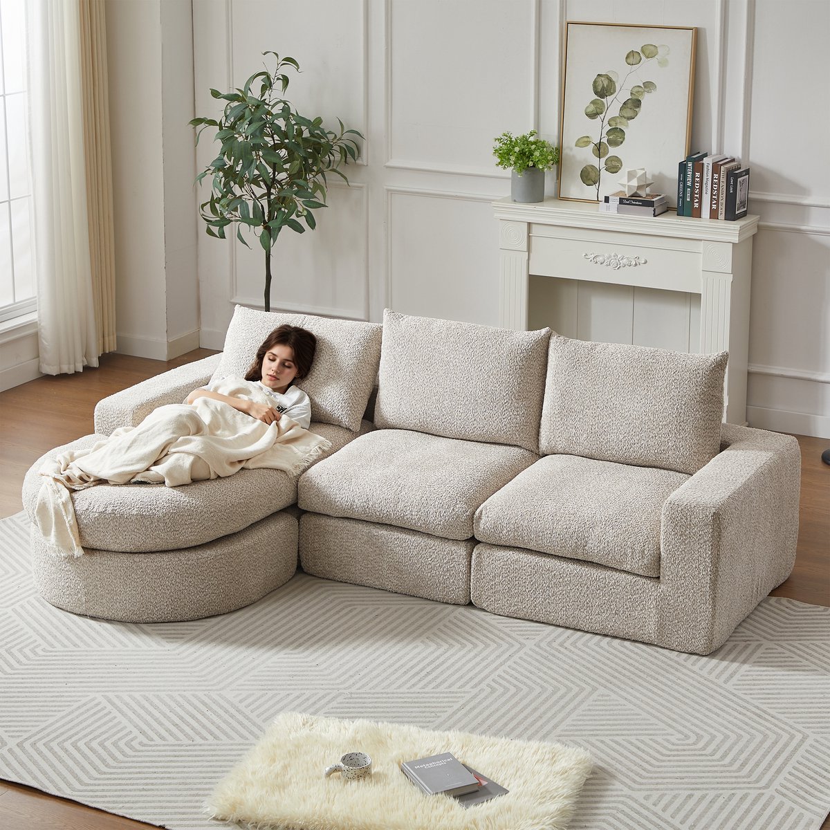 Modulaire Hoekbank 3-Zits - Chenille Bank Met Lounge Deel, Frameloos Design En Zachte Kussens