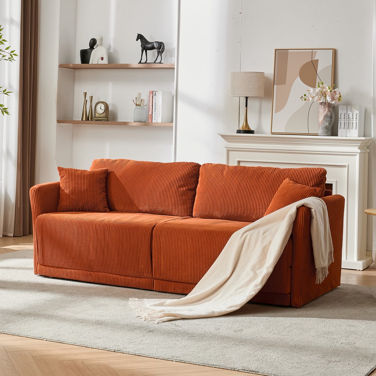 Slaapbank 2 Zits - Moderne Ribcord Bank Met Uitklapbed - Oranje Sofa Voor Woonkamer En Appartement