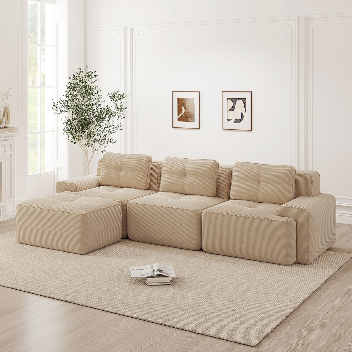 Modulaire Hoekbank - 3-Zits Ribstof Cloud Sofa Met Hocker - Frameloze L-Vorm Lounge Bank Met Diepe Zit, 32D Schuim En Antislip Bodem - Zachte Sofa Zonder Montage Voor Woonkamer - Beige