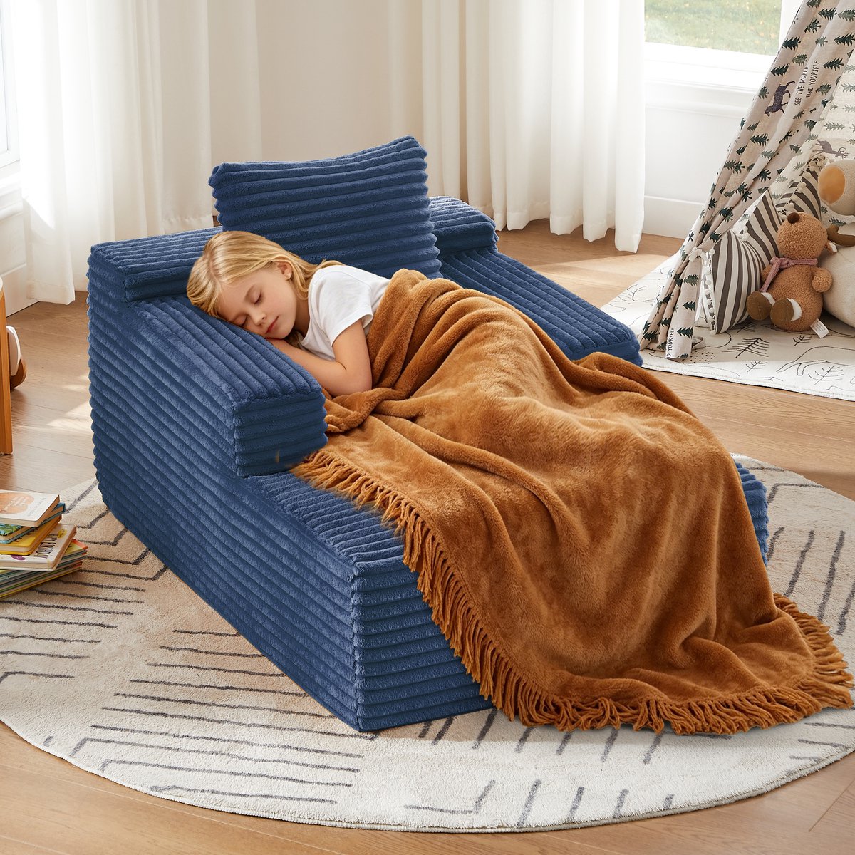 Sofa 27x27x94 cm - Geribd Fluweel Stoellongue Met Comfortabele Kussens, Blauw