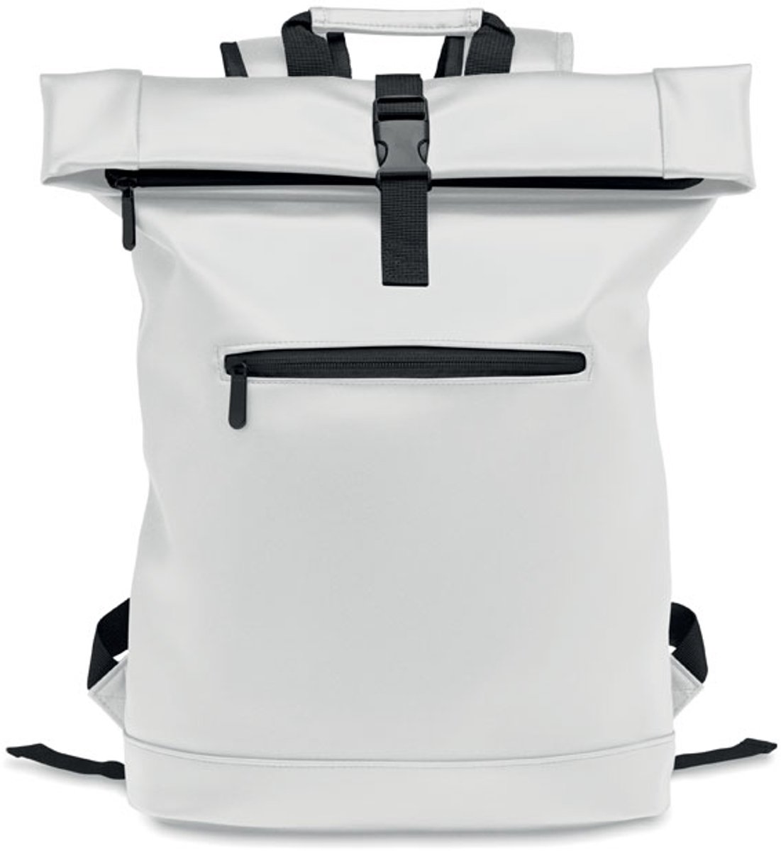 15 inch rolltop laptoprugzak van zacht PU met gewatteerde achterkant en verstevigde bodem. Groot voorvak met rits. De voering is 210D RPET. Kleur Wit