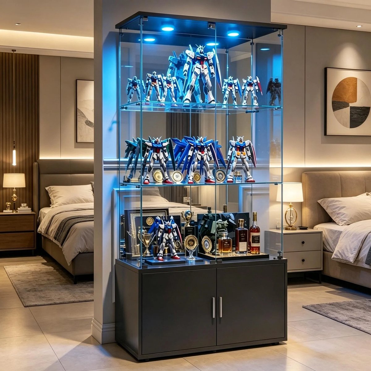 Glazen vitrinekast met LED-verlichting en slot – 4 planken vitrinekast van gehard glas – grote display kast / wandvitrine voor verzamelobjecten, LEGO en decoratie – 164 × 78,5 × 35 cm – Zwart