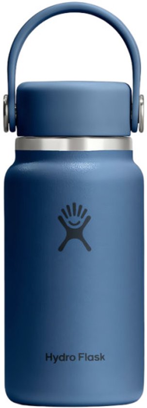 Donkerblauwe Hydro Flask drinkfles met een zwarte logo en handvat.