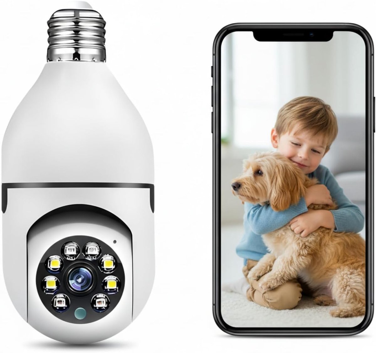 Draadloze WiFi-bewakingscamera Binnen/Buiten, 2K Lamp Bewakingscamera WiFi, Bewakingscamera's met E27-lampfitting, Sirene en Lichtalarm, Kleuren Nachtzicht