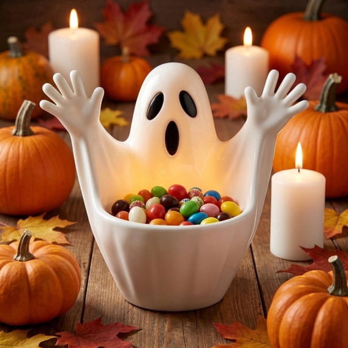 Ulisem - Halloween snoepkom - Hand omhoog spook ontwerp snoepbakje - Gemaakt van stevig en kindvriendelijk plastic - Ruime binnenkant voor snoep en chocolade - Perfect voor feesttafel en buiten - Ook voor thuis en verjaardag - Wit