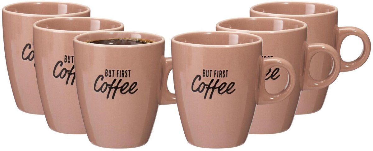 Siaki koffie kopjes Barista Cafe - 6x stuks - oudroze - 220 ml - mokken - keramiek - 10 cm - met koffie thema teksten