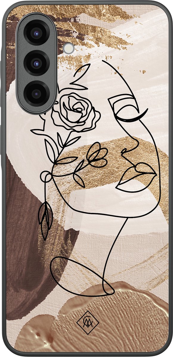 Casimoda® hoesje - Geschikt voor Samsung Galaxy A37 - Abstract Gezicht Bruin - Zwart TPU Backcover - Geometrisch patroon - Bruin/beige