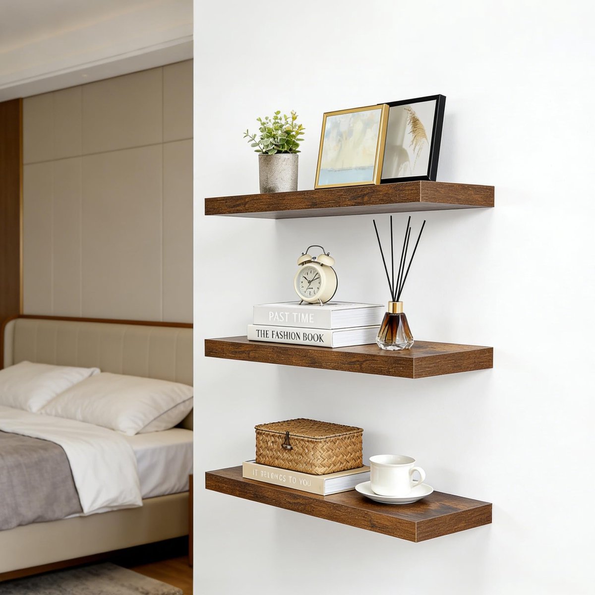 Zwevende wandplanken set van 3 - Houten muurplanken met metalen beugels voor woonkamer, slaapkamer en keuken - 60 x 20 x 3 cm, bruin