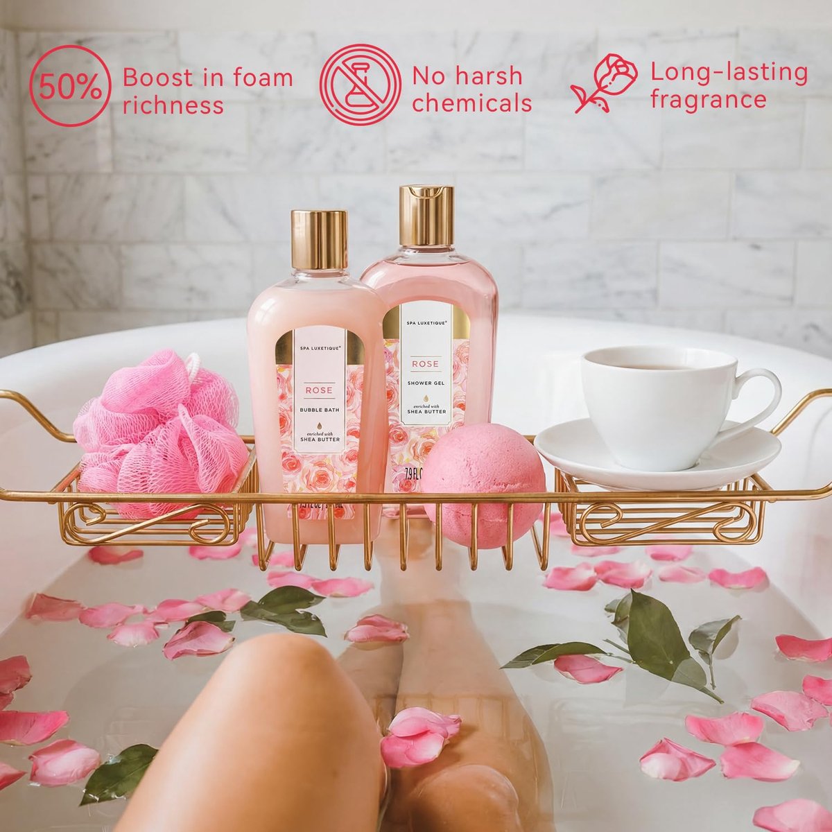 Spa Luxetique - Rose Beauty - Geschenkset Vrouwen in zilveren badkuip - Verwenpakket vrouw - Wellness bath - Verjaardag Cadeau Vrouw, voor haar, mama, vriendin, moeder - Huwelijkscadeau - Jubileum Giftset - Cadeautje Vrouw Volwassenen — cadeau in Verzorging - foto 6