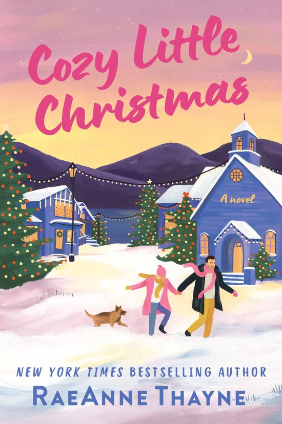 Boek kaft met de titel 'Cozy Little Christmas' in roze letters, met een winters tafereel van een dorp met besneeuwde huizen en kerstbomen.