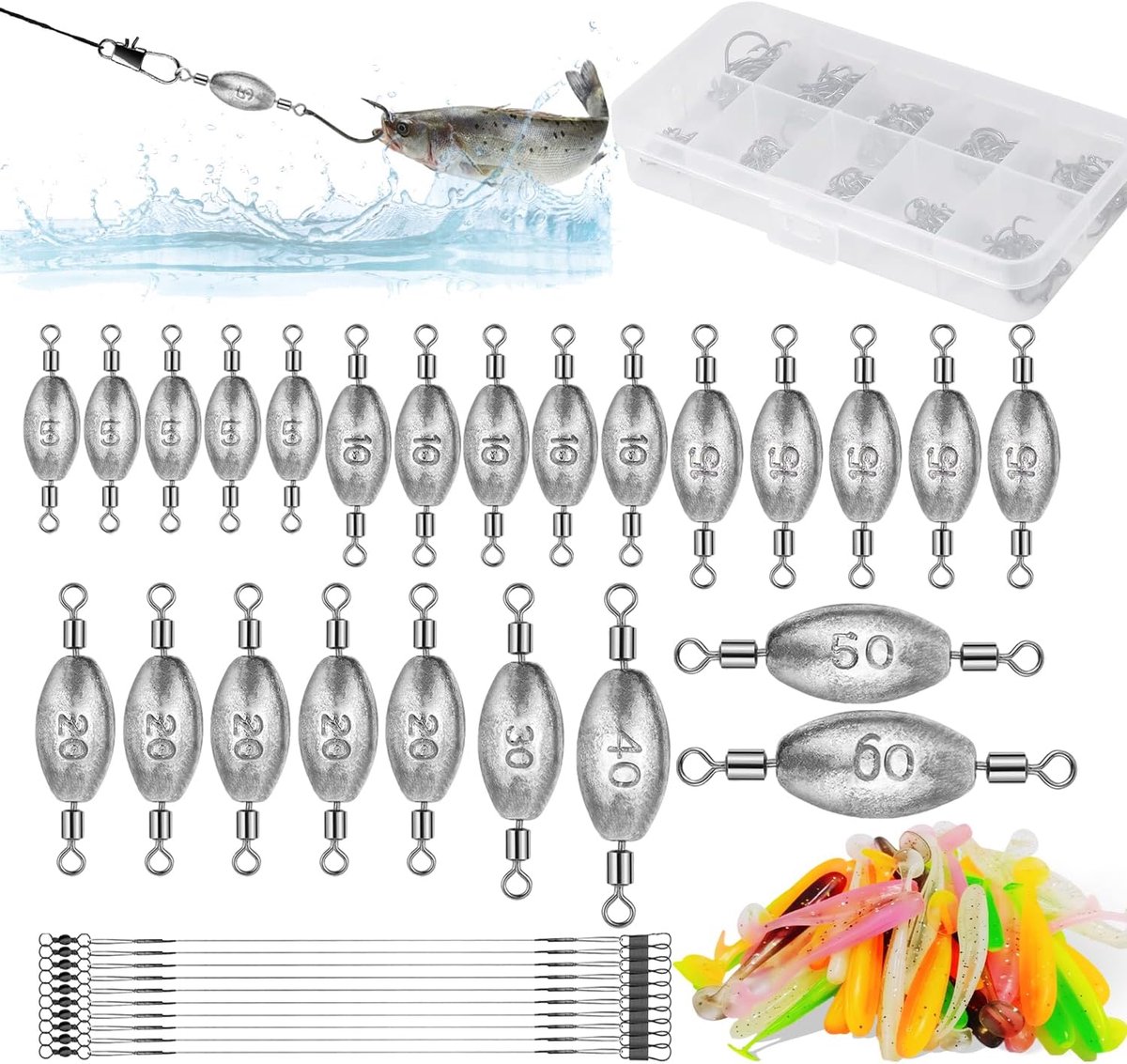 134 stuks visloodset - olijfvorm - dropshot - lood - vissen - loodgewichten - vissen met wervels - gel-gewichten - kit - ANG-gel forelset - visaccessoires - 5 - 10 - 15 - 20 - 30 - 40 - 50 - 60 g
