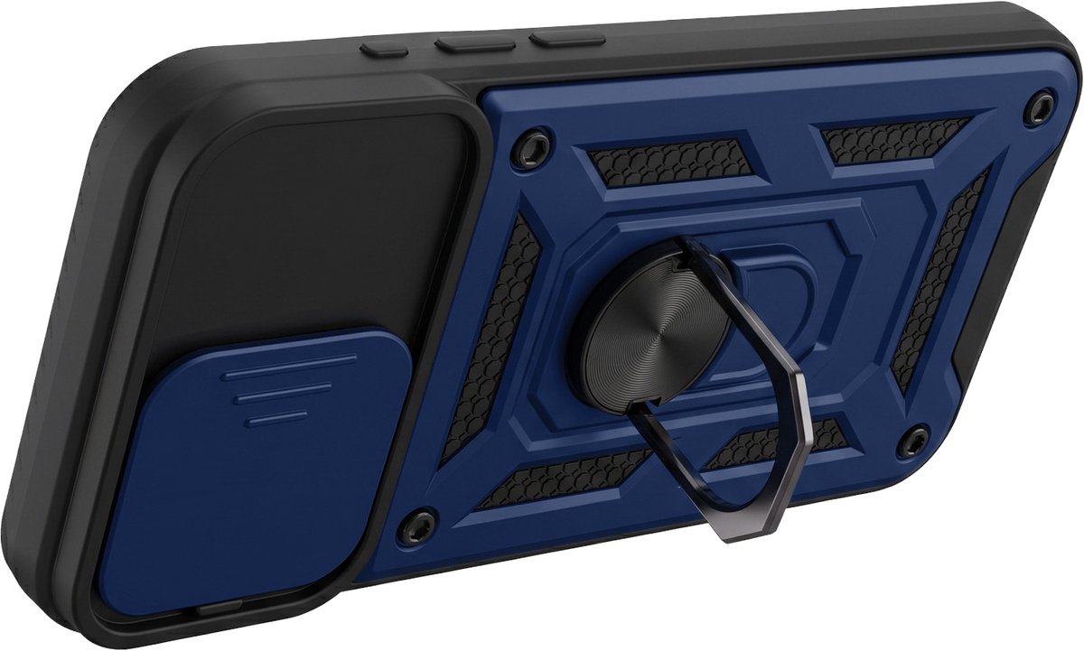 Mayaxess, Hoesje Geschikt voor Apple iPhone 15 Pro Max met Draaibare Magneetring en Schuifbare Cameracover, Nachtblauw