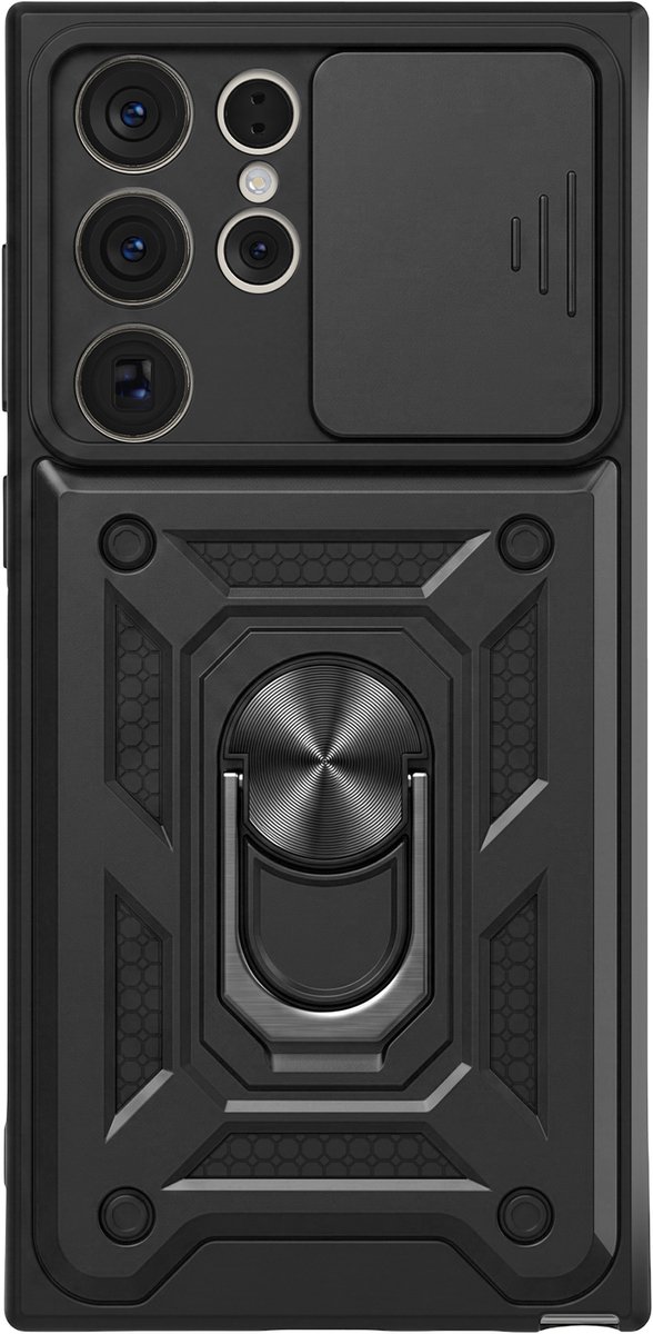 Mayaxess, Hoesje geschikt voor Galaxy S23 Ultra met Schuifbare Camerabescherming en Magnetische Ring, Zwart