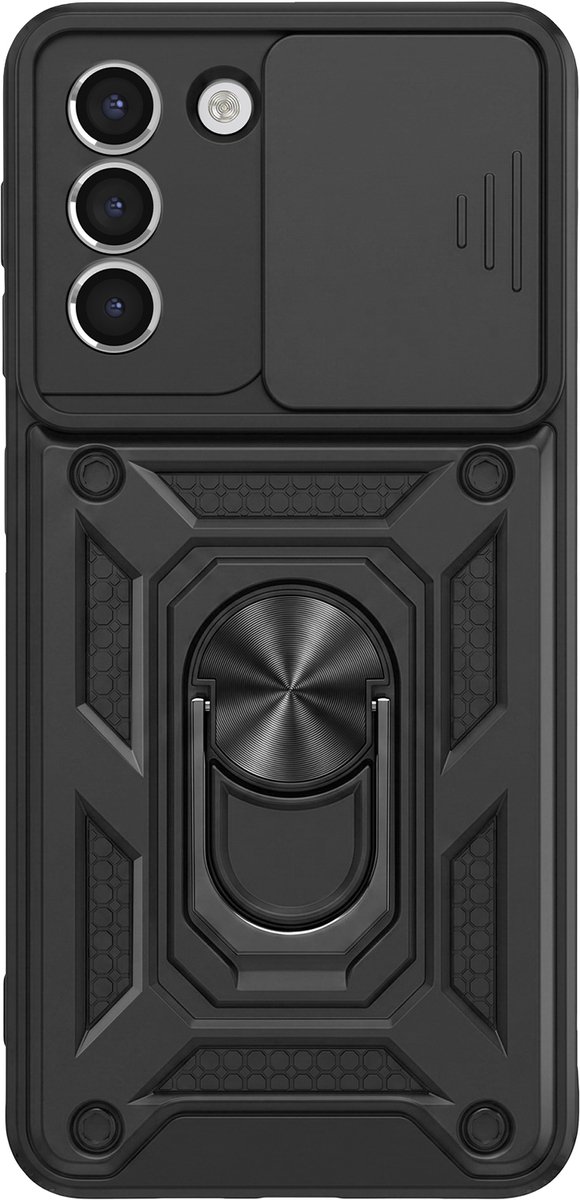 Mayaxess, Hoesje geschikt voor Galaxy S21 met Schuifbare Camerabescherming en Magnetische Ring, Zwart
