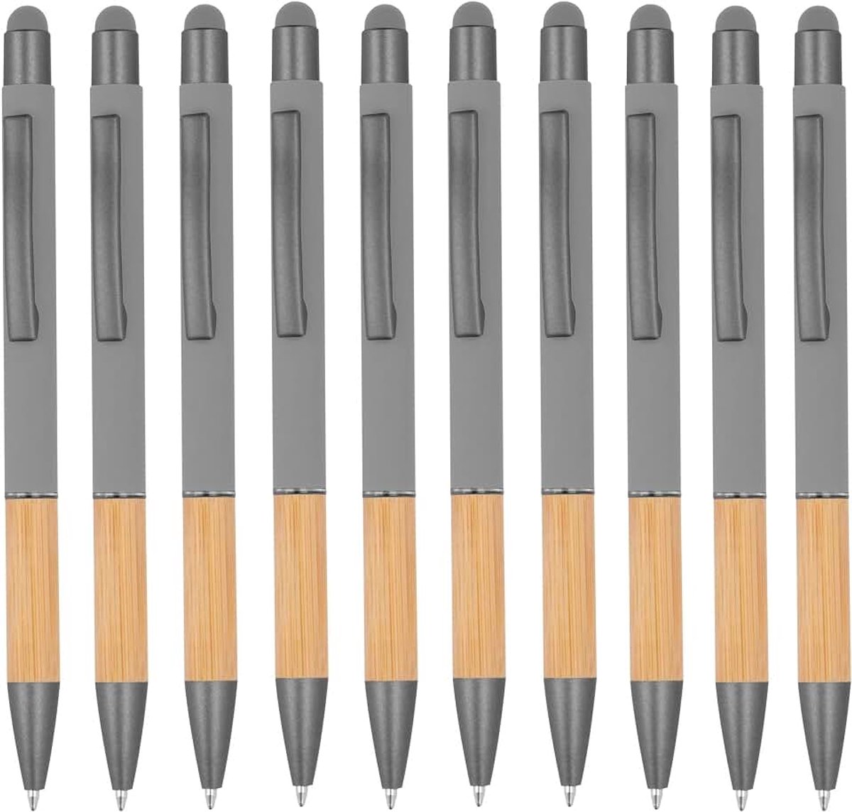 Balpennen met metalen punt en bamboe gripzone en touchfunctie 10 kleuren balpen meerkleurig blauw schrijvend (grijs)