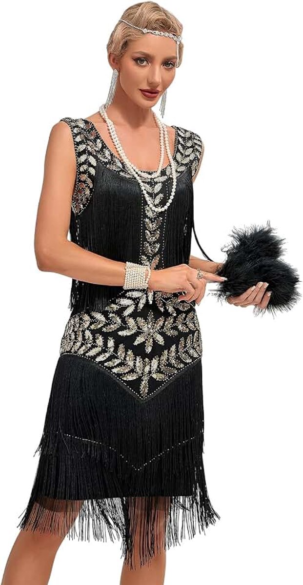 Flapperjurk, jaren 20, roaring twenties, franjes, pailletten, chique jurk, Gatsby, verkleedjurk, V-hals, vintage avondjurk met kralen
