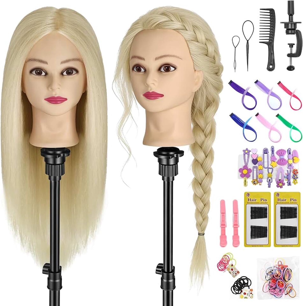 61 cm kappershoofd, 80% echt haar, kappershoofd, mannequinhoofd, poppenkop om te stylen, oefenhoofd voor stylinghoofd, trainingshoofd, kapperskop met kappersaccessoires