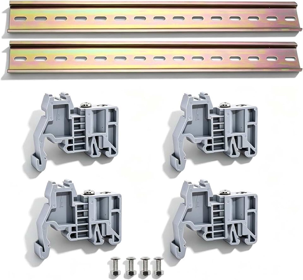 2 stuks 300 mm lange DIN-rail, kleur staal, DIN-rail, 4 stuks vaste stoelen en 4 paar schroeven voor verdeelkast, schakelkast, inbouw