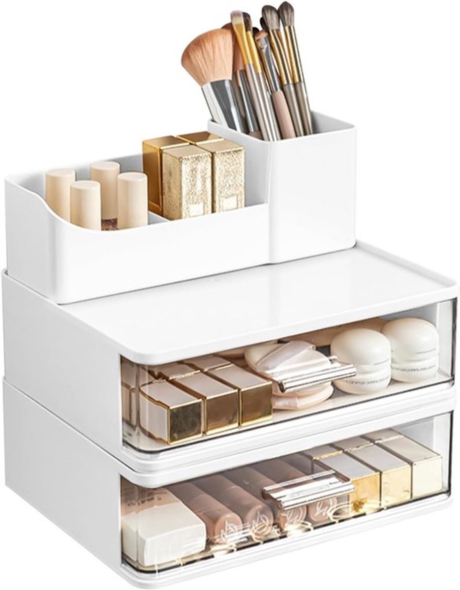 Make-up Organizer met 2 Laden, Stapelbare Cosmetica-Organizer voor Badkamer, Huidverzorging en Make-up Opslag voor Borstels, Oogschaduw en Lippenstift (Wit)