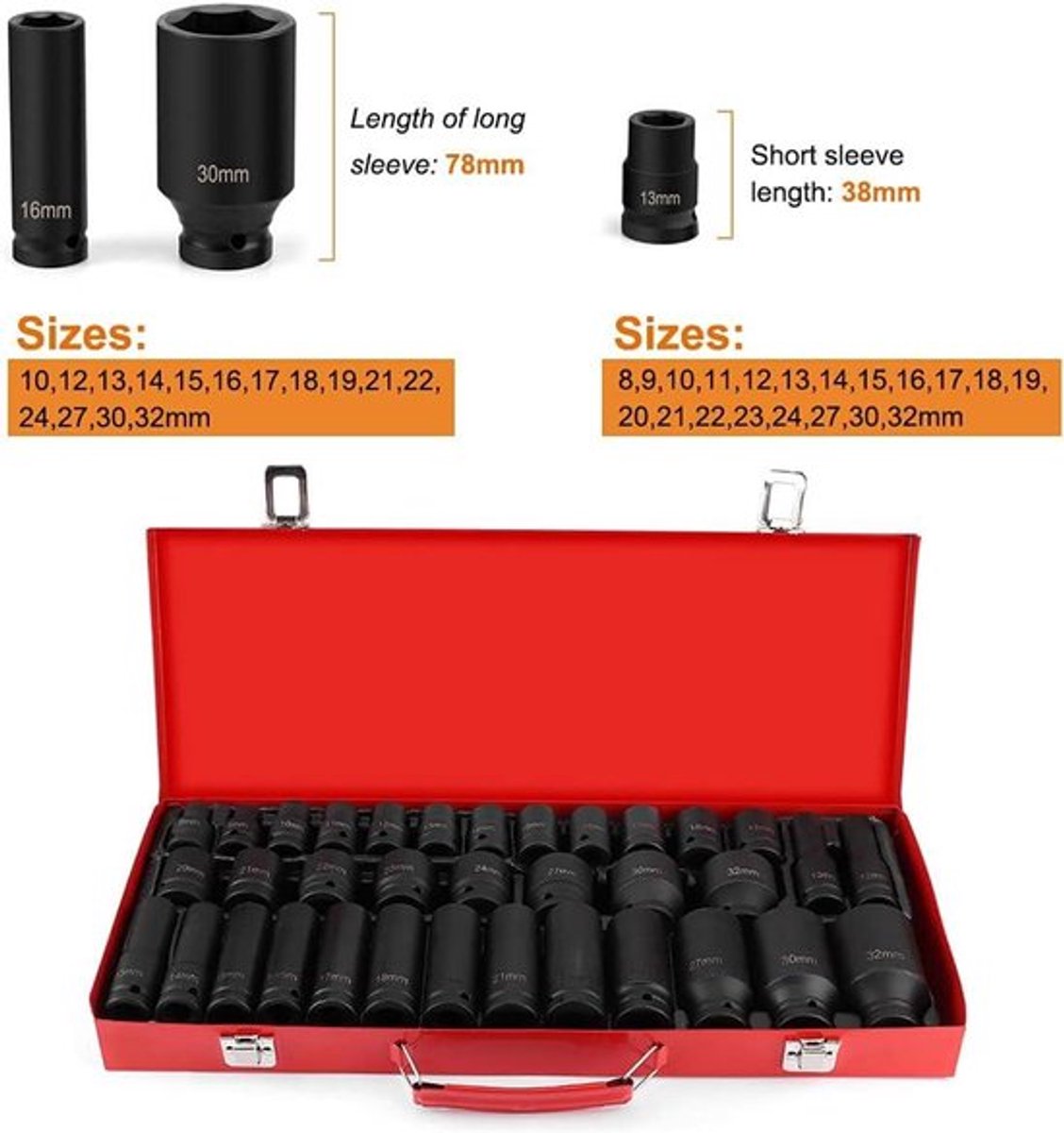 35-delige Impact-dopsleutelset voor 1/2 inch ratel met Hex-bit-aandrijving - Werk efficiënt met 6-punt tip