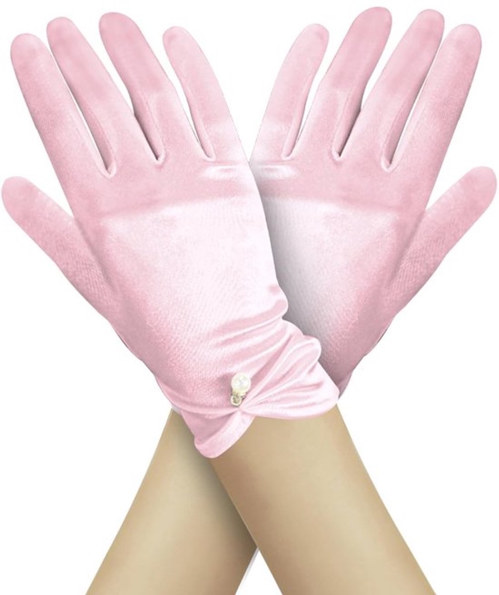 Bruidshandschoenen Satijn - Korte Parelhandschoenen - Elegante Handschoenen - Wit/Roze/Champagne - 22,5 cm - 1 Paar - Feesthandschoenen