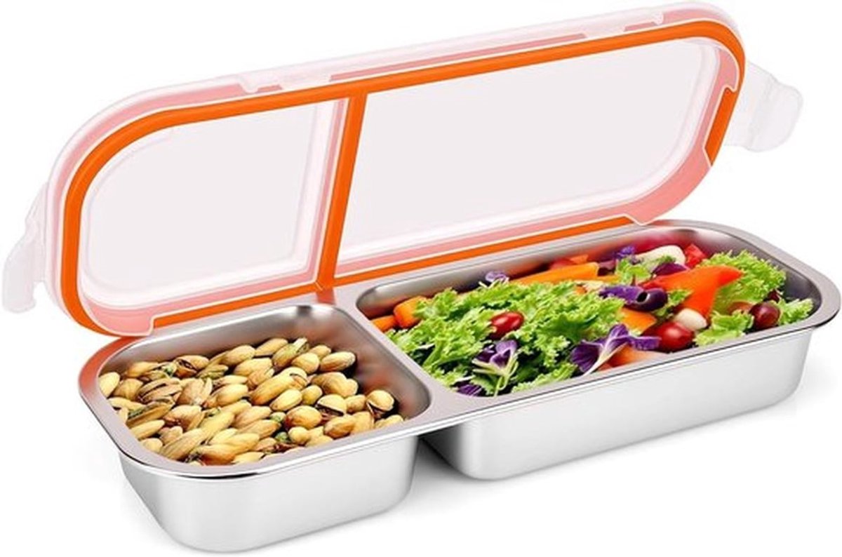 - RVS Snackcontainer met Deksel - 2 Compartimenten - Voedselopslag - Grote Snackbox - Herbruikbaar - Keukengebruik - Thuisopslag - 700 ml.