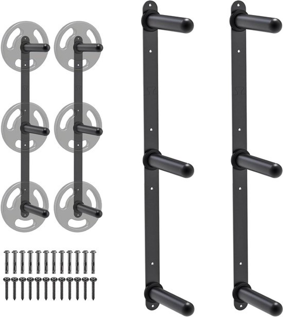 Wandgemonteerde Hanger voor Gewichten met 3 Haakjes, Dumbbell Opslag met T-Bar Landmine Platform - Stevige Stalen Constructie, Eenvoudige Installatie en Ruimtebesparend Ontwerp