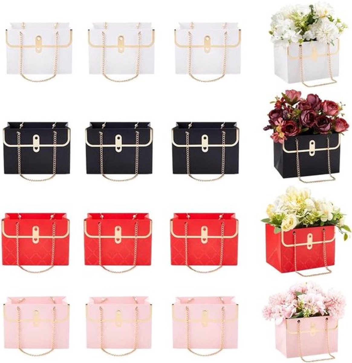 - Bloem Papier Geschenkdozen - Handtas - Rechthoekige - Opslag Emmer - Wikkelmand - Metalen Ketting - Bloemist Benodigdheden - Verpakking - Verjaardag Bruiloft - 12 Stuks 4 Kleuren.