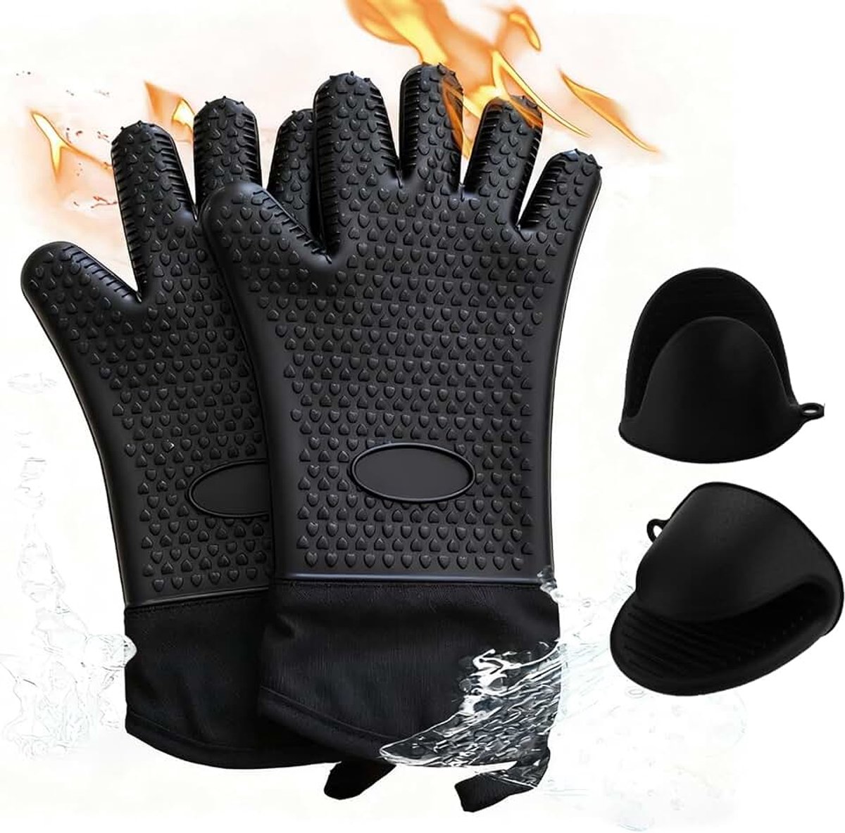 Handschoenen & 2 hittebestendige mini-wanten – Verlengde siliconen wanten & anti-slip onderzetters voor BBQ, bakken, airfryer, keuken