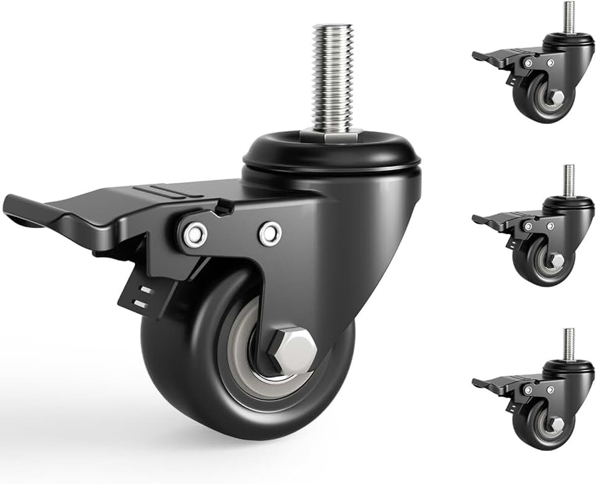 Zwenkwielen 50 mm voor meubels M10, meubelwielen, set van 4, zware wielen met rem voor binnen en buiten, stil