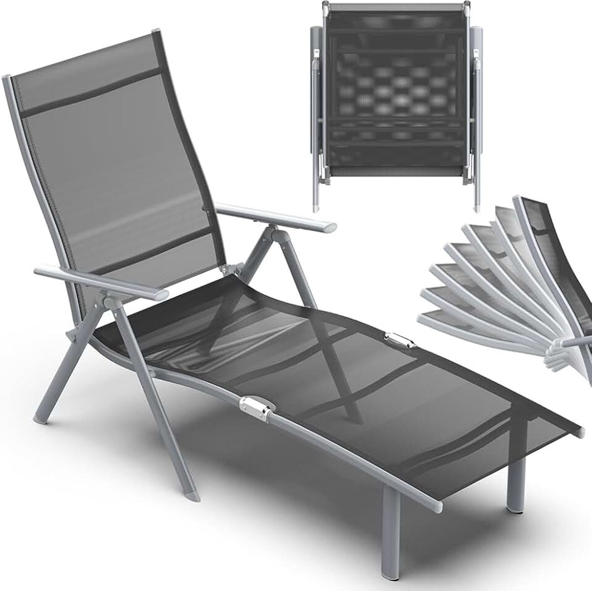 Ligstoel, inklapbaar, 7-voudig verstelbare rugleuning, verstelbare armleuningen, belastbaar tot 150 kg, weerbestendig, voor tuin, balkon, terras, zwembad, zwart