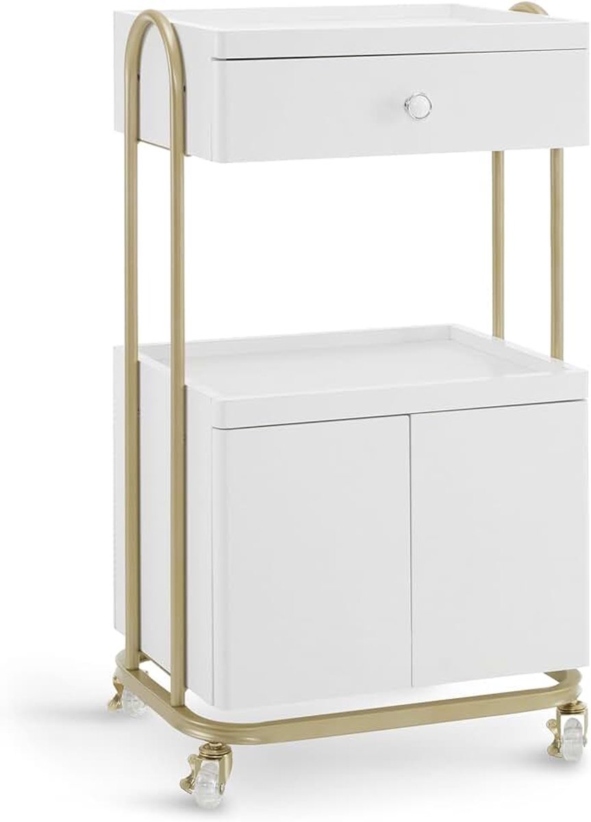 MCombo Serveerwagen met wielen en lade, rolwagen, kapperkar, wit-goud, salontrolley met 2 planken en kast, moderne werkwagen voor badkamer en woonkamer, 36 x 50 x 87 cm, 0086