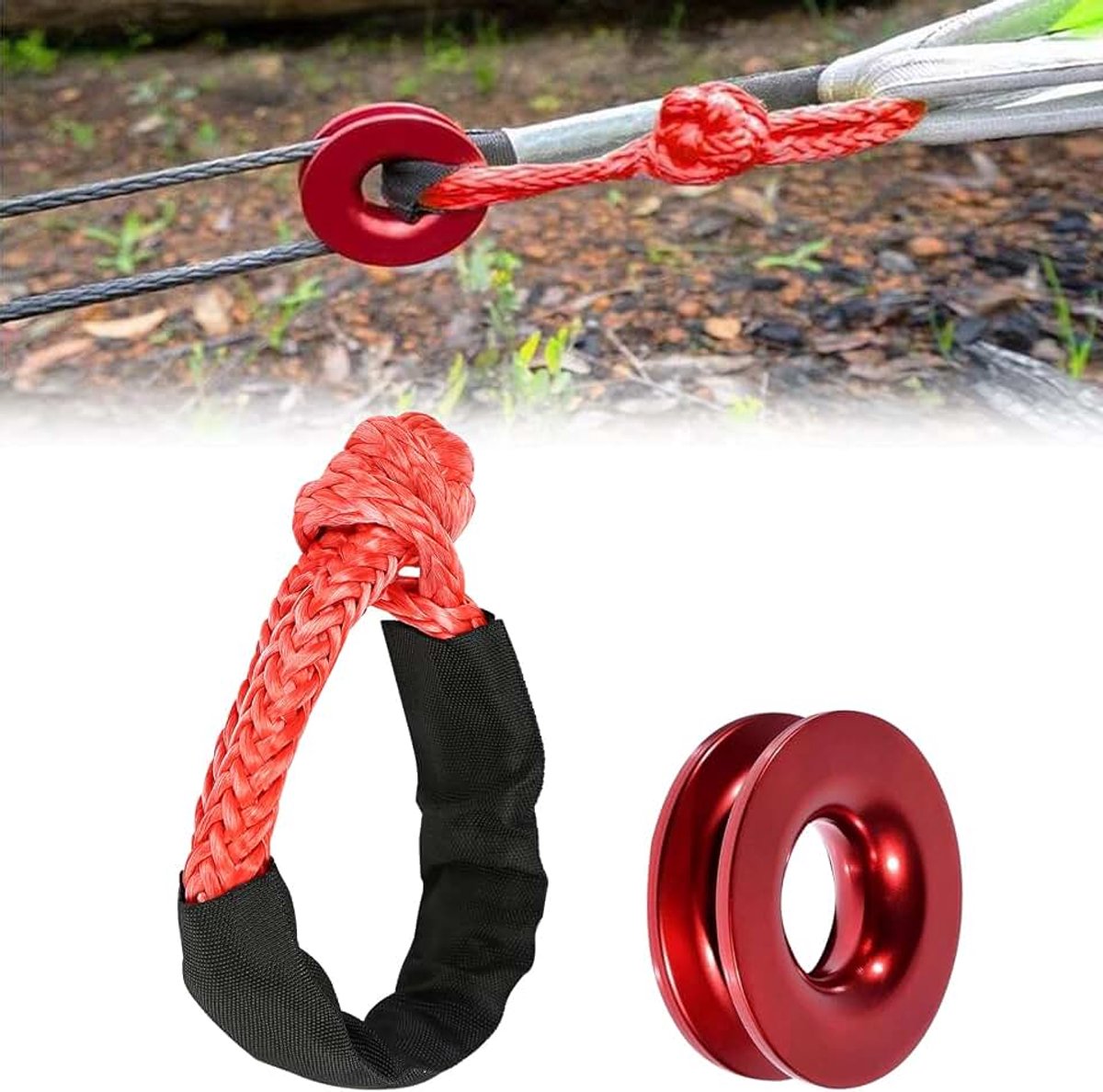 1/2 synthetische schakels, lier touw met herstelklik, 12000 kg en beschermhoezen, zachte schakelset voor ATV, UTV, SUV, offroad sleepwagen (rood soft shackle)