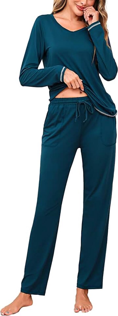 Pyjama voor dames, zachte katoenen pyjama met lange mouwen, nachtkleding, tweedelige pyjamaset, tops en broek met trekkoord, effen nachtkleding, V-hals, vrije tijd, pyjama's