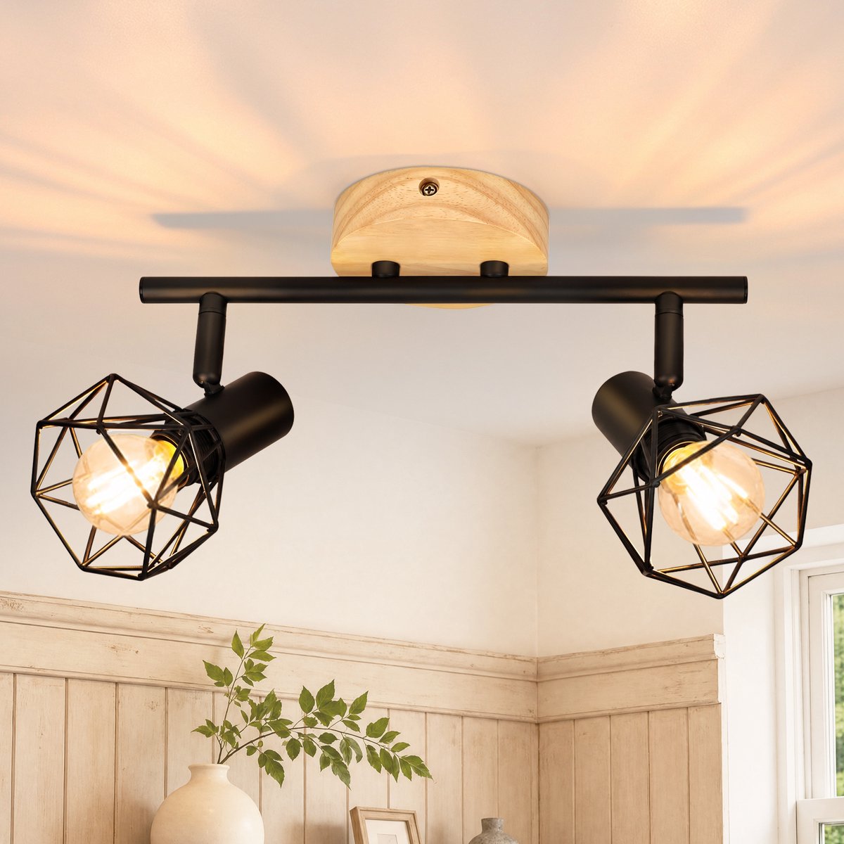 NETTLIFE 2-Flammige Plafondspot Zwart met Hout - E14 | 350° Draaibaar | Vintage Industrieel Design | Geschikt voor Woonkamer Slaapkamer & Keuken - Zonder Lampen