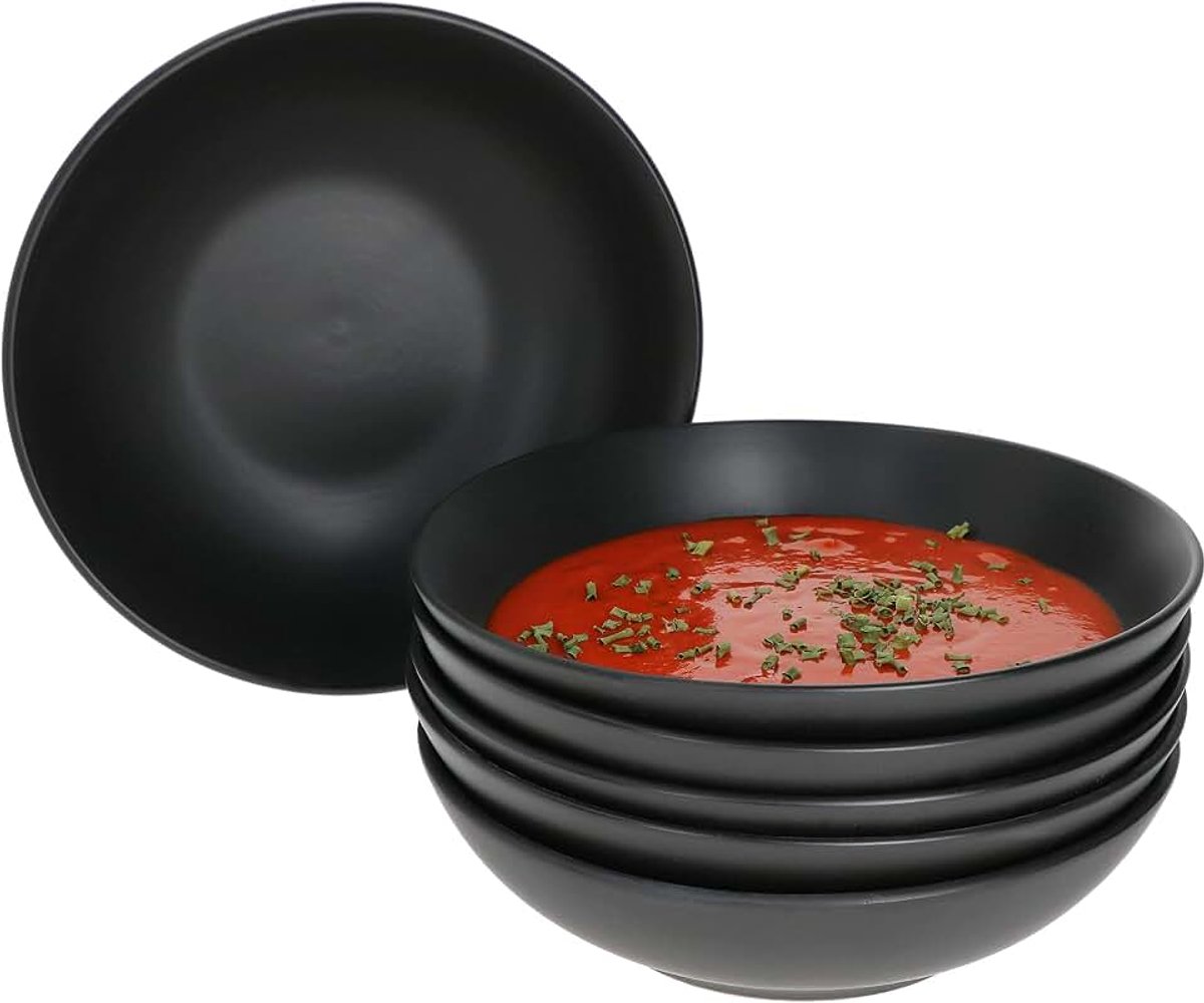 Lampart Nero 6X soepborden zwart diepe borden set voor 6 personen etnostijl pasta & muesli schaal groot aardewerk borden zwart mat 6 stuks