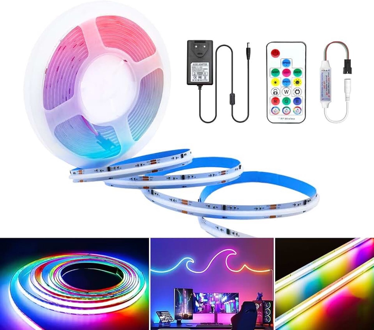 Ledstrip, 24 V, COB 3 m, flexibele ledstrip met hoge dichtheid, SPI WS2811, 576 leds/m, IP20, kleurverandering, decoratie, doe-het-zelf, met controller en voeding