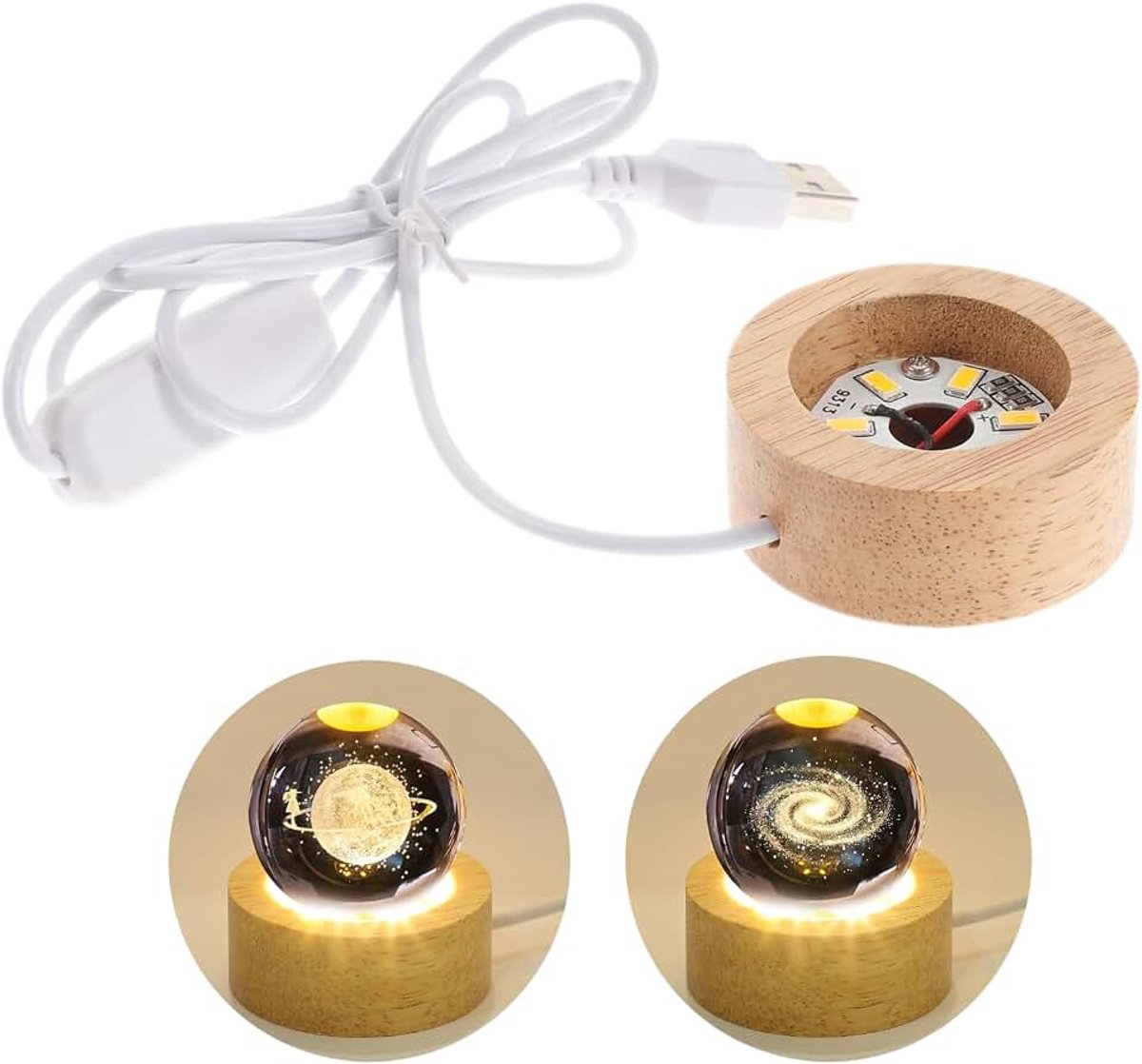 Led-lichtsokkel voor kristallen bollen, 5 cm breed, 2 cm dik, met USB-oplaadfunctie, lichtsokkel voor glaskunst en decoratieve objecten, warm wit licht