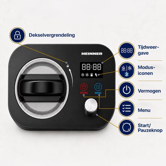 Heinner IJsmachine - 100 W - 1 L - Ingebouwde Compressor - LED-display - Touchbediening & Draaiknop - IJs-, Yoghurt-, Meng- & Koelfunctie - Uitneembare IJskom - Zwart van Heinner — afbeelding 5