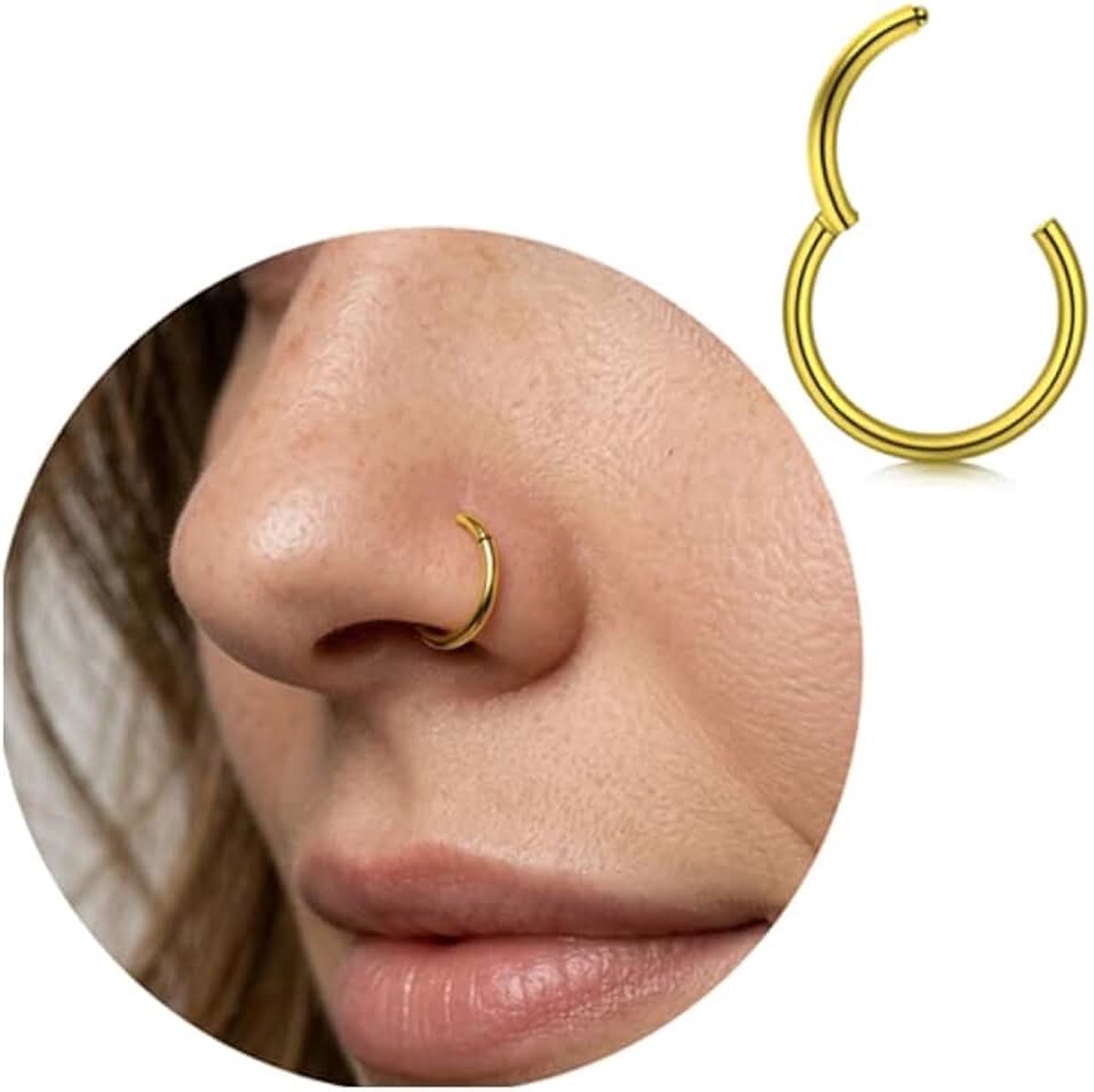 Titanium neusring, neuspiercing, ring, hoepel clicker, hypoallergene segmentring, piercing voor neus, septum, helix, tragus, conch, lip, zilver, goud, 16G, 18G, 20G, dikte & 6 mm, 8 mm, 10