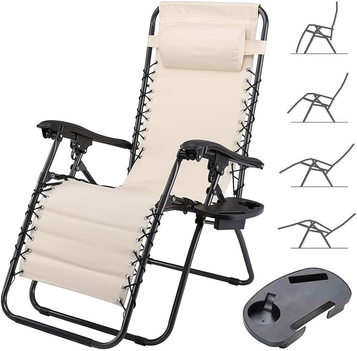 Zwaartekracht Zero Tuinstoel, inklapbaar, ruimtebesparend, met buisschaal, staal, 22 mm, kantelbaar, Oxford-stof, ademend, terras, buitenzwembad (beige)