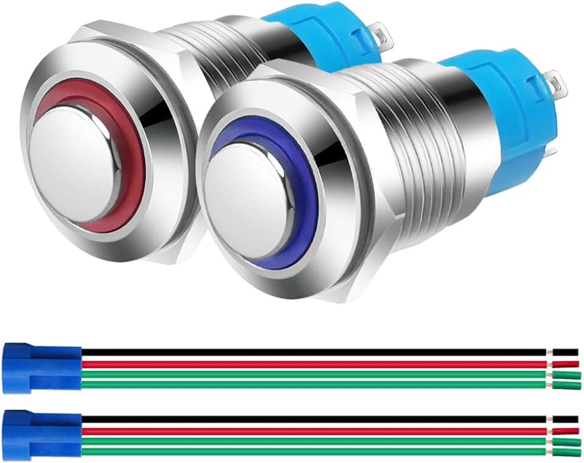 2stuks 12mm Roestvrijstalen Kortstondige Drukknop 230V AC 3A LED Normaal Open SPST AAN UIT Waterdichte Knop met Draadcontactdoos (Blauw + Rood, Hoge Kop)