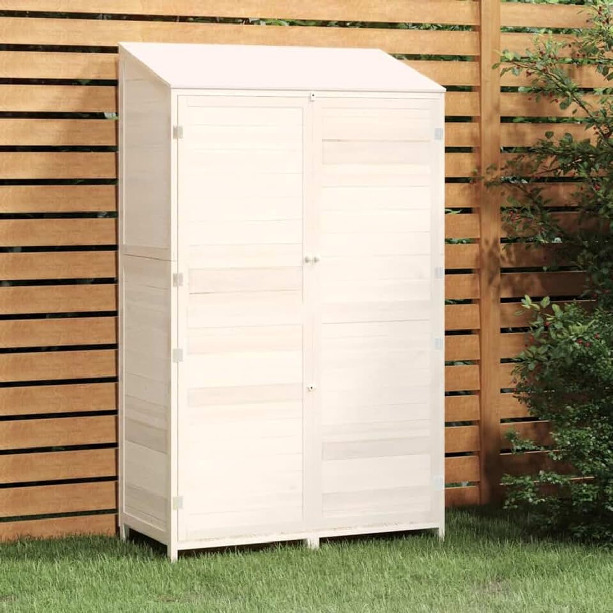 152191 Gereedschapsschuur wit, 102 x 52 x 174,5 cm, massief hout, dennenhout, weerbestendig, tuinschuur, groot volume voor grasmaaiers, meubels, campingaccessoires