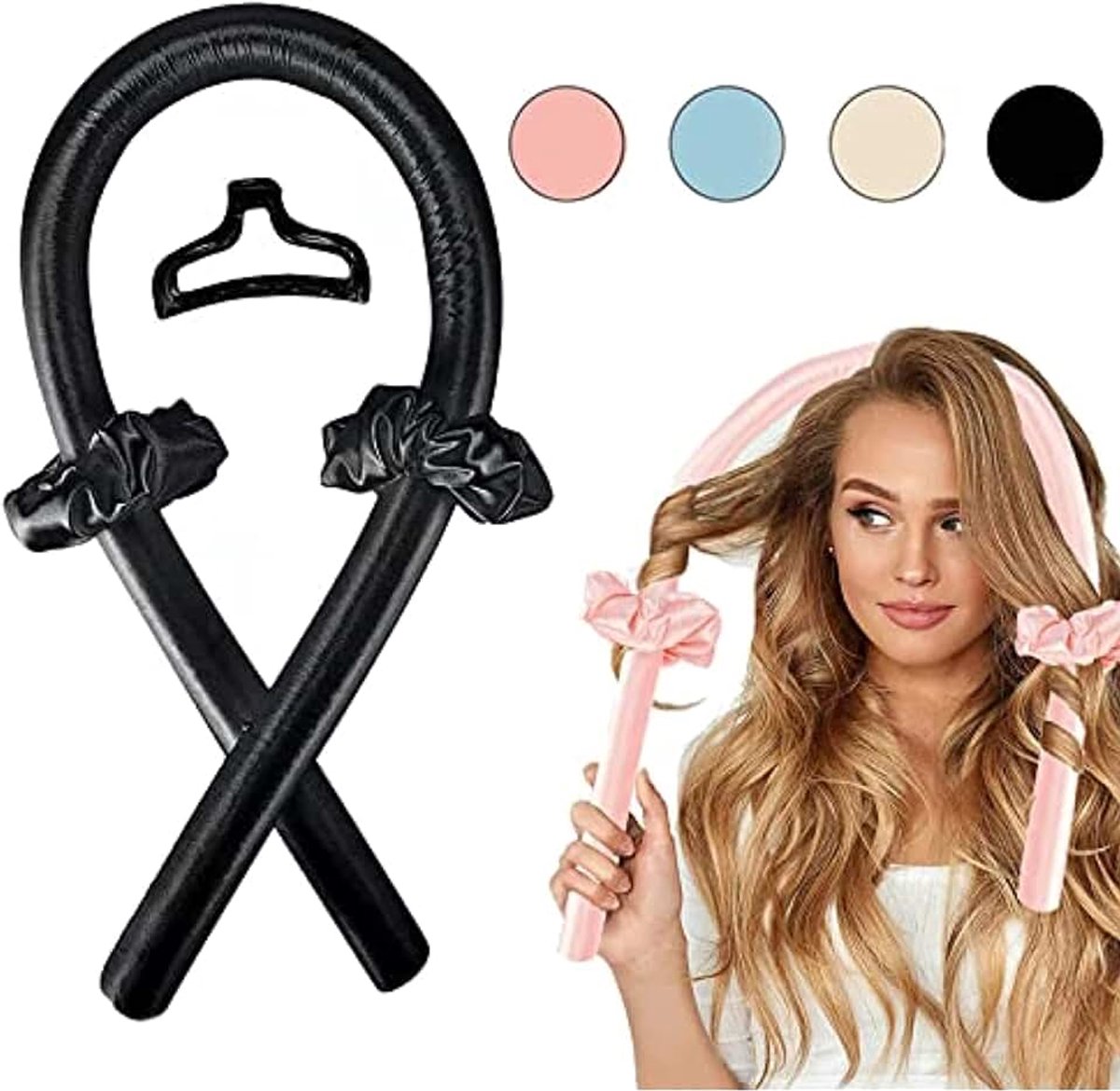 Krulspelden 's nachts zonder hitte voor lang haar | Curler haarband zacht om te slapen voor grote krullen set incl. 2 x haarelastiek + 1 x haarclip (zwart)