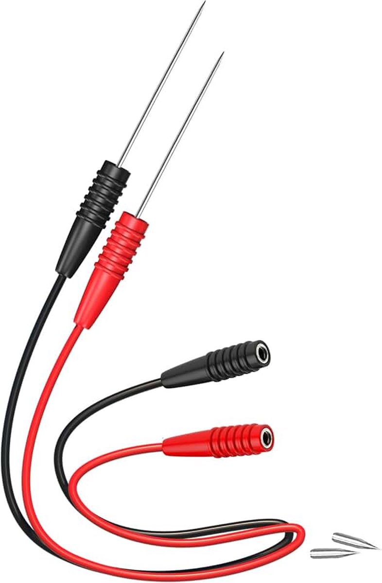 Testpuntverlenging, testleidingen, 2 mm bus naar roestvrij staal, testkabel 20 cm, voor multimeter, elektrische test, rood en zwart, 2 stuks
